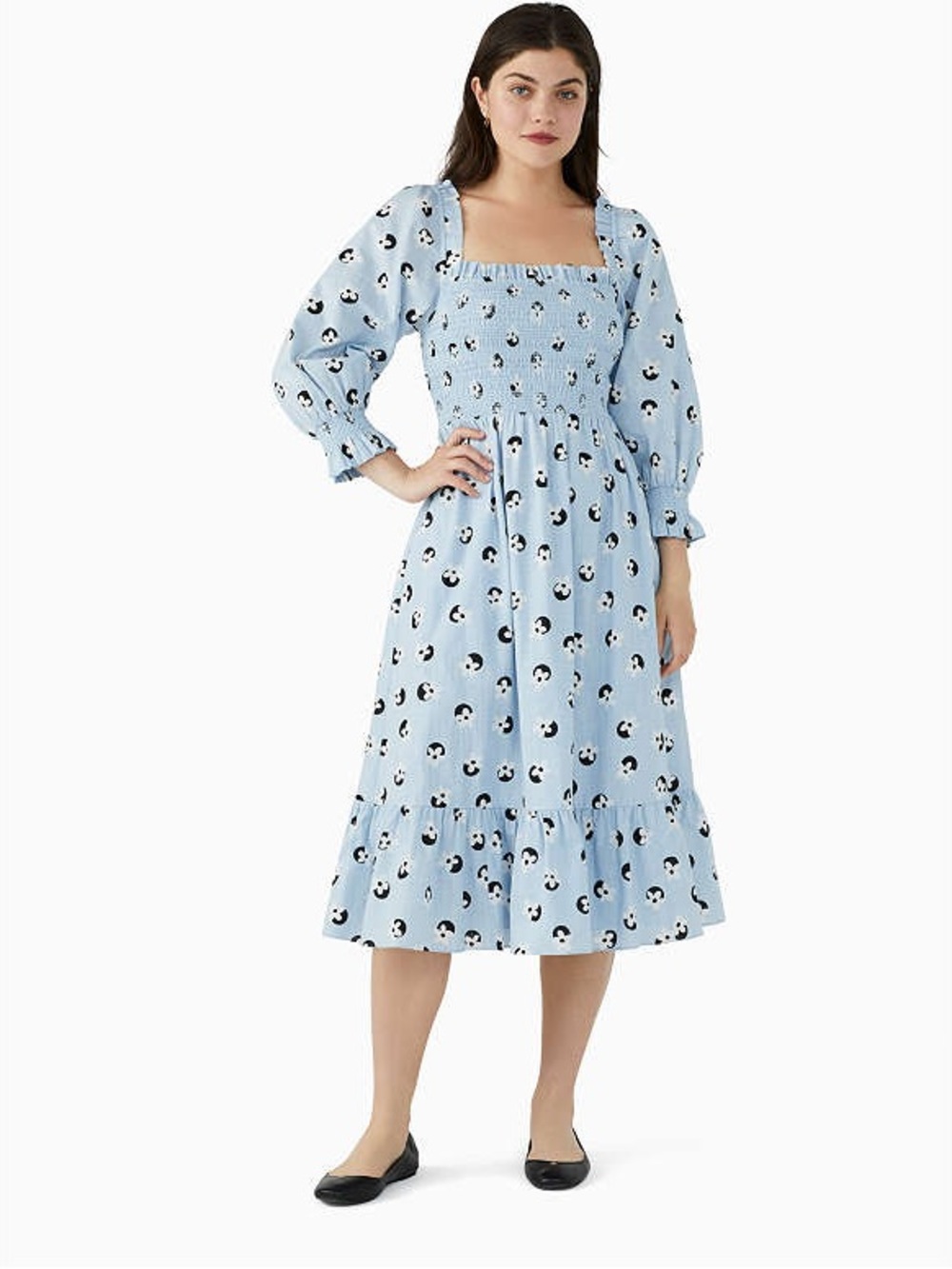 KATE SPADE NEW YORK Floral Dot Smocked Midi Dress Light Blue Size Small NWT
